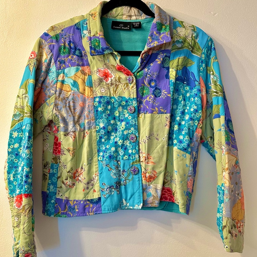 Vintage Patchwork Bomber Jacket w/ Wooden Painted Buttons